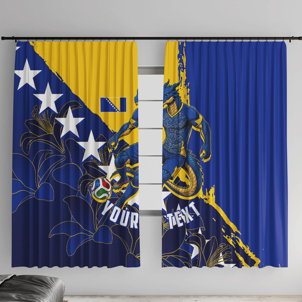 Personalized Bosnia And Herzegovina Football Dragon Mascot Window Curtain Balkan Soccer Design With Floral Line Art