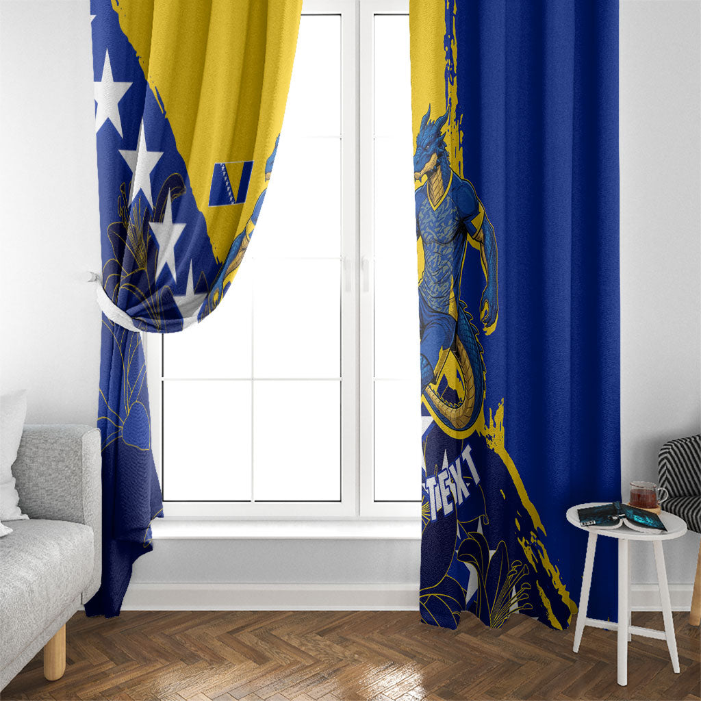 Personalized Bosnia And Herzegovina Football Dragon Mascot Window Curtain Balkan Soccer Design With Floral Line Art