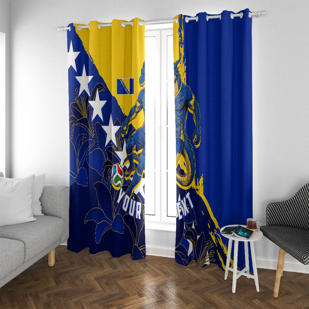Personalized Bosnia And Herzegovina Football Dragon Mascot Window Curtain Balkan Soccer Design With Floral Line Art
