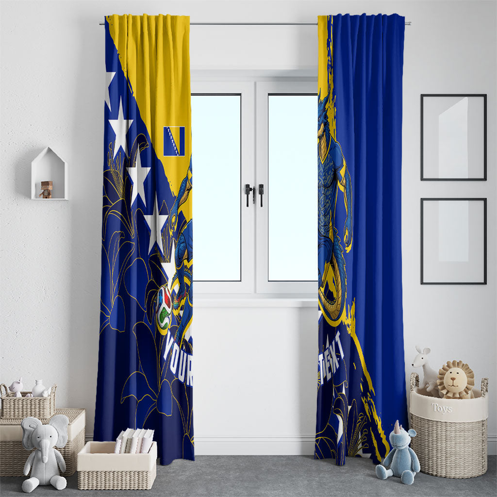 Personalized Bosnia And Herzegovina Football Dragon Mascot Window Curtain Balkan Soccer Design With Floral Line Art