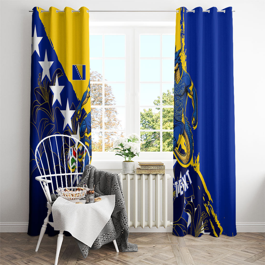 Personalized Bosnia And Herzegovina Football Dragon Mascot Window Curtain Balkan Soccer Design With Floral Line Art