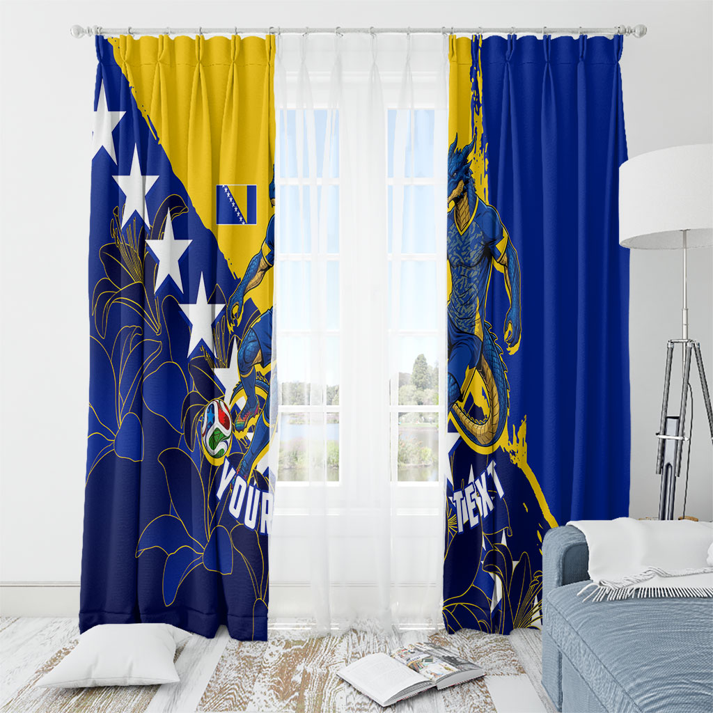 Personalized Bosnia And Herzegovina Football Dragon Mascot Window Curtain Balkan Soccer Design With Floral Line Art