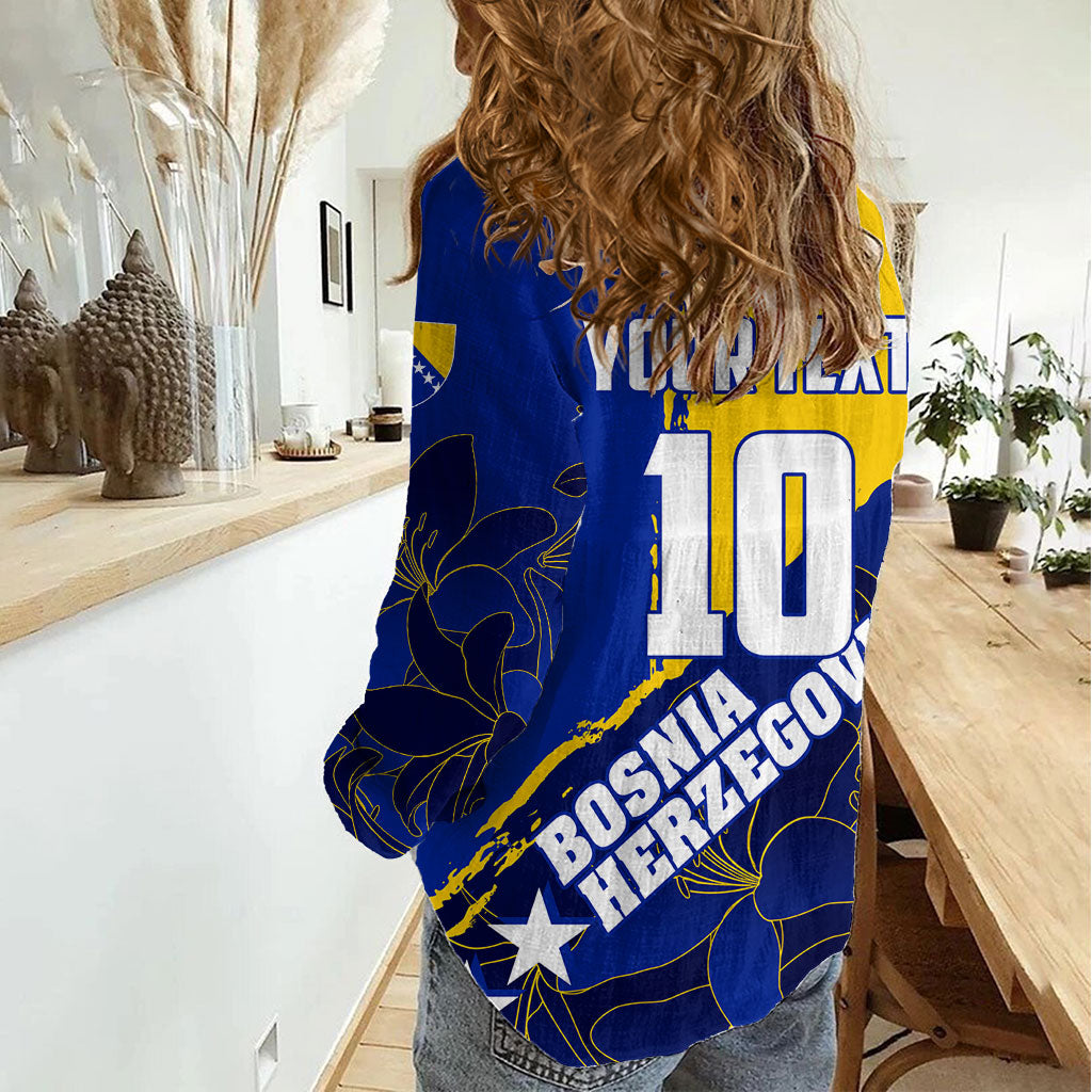 Personalized Bosnia And Herzegovina Football Dragon Mascot Women Casual Shirt Balkan Soccer Design With Floral Line Art