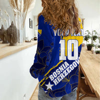 Personalized Bosnia And Herzegovina Football Dragon Mascot Women Casual Shirt Balkan Soccer Design With Floral Line Art