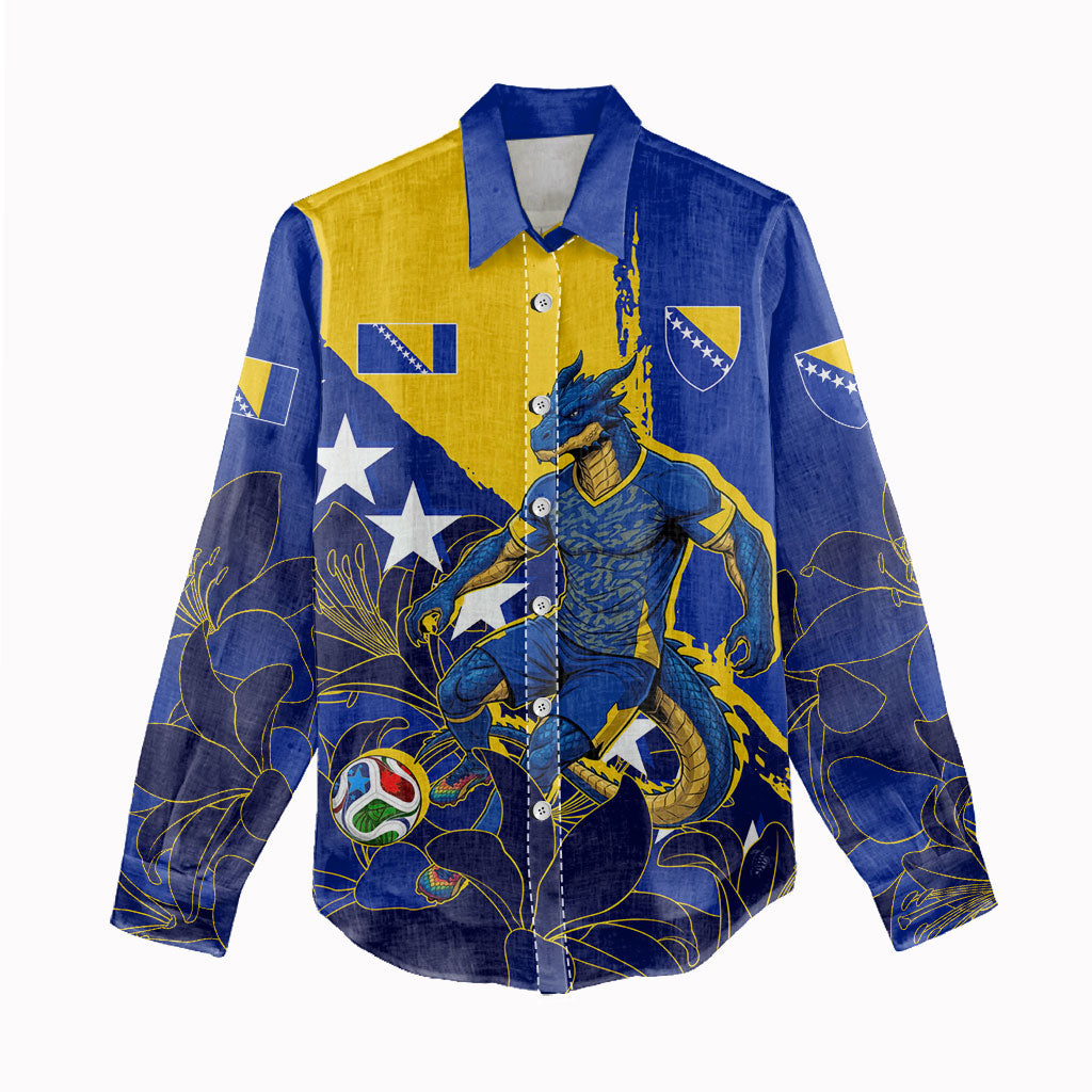Personalized Bosnia And Herzegovina Football Dragon Mascot Women Casual Shirt Balkan Soccer Design With Floral Line Art