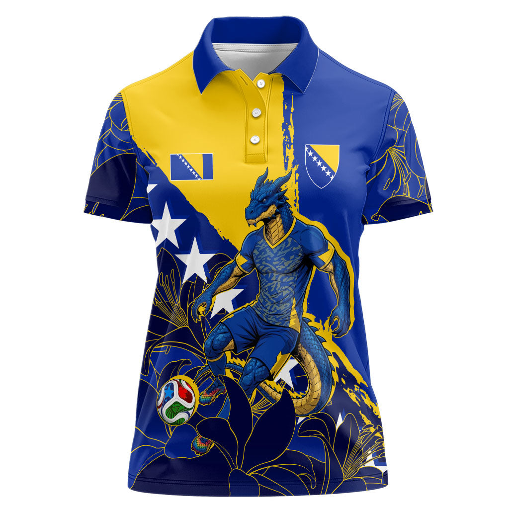 Personalized Bosnia And Herzegovina Football Dragon Mascot Women Polo Shirt Balkan Soccer Design With Floral Line Art
