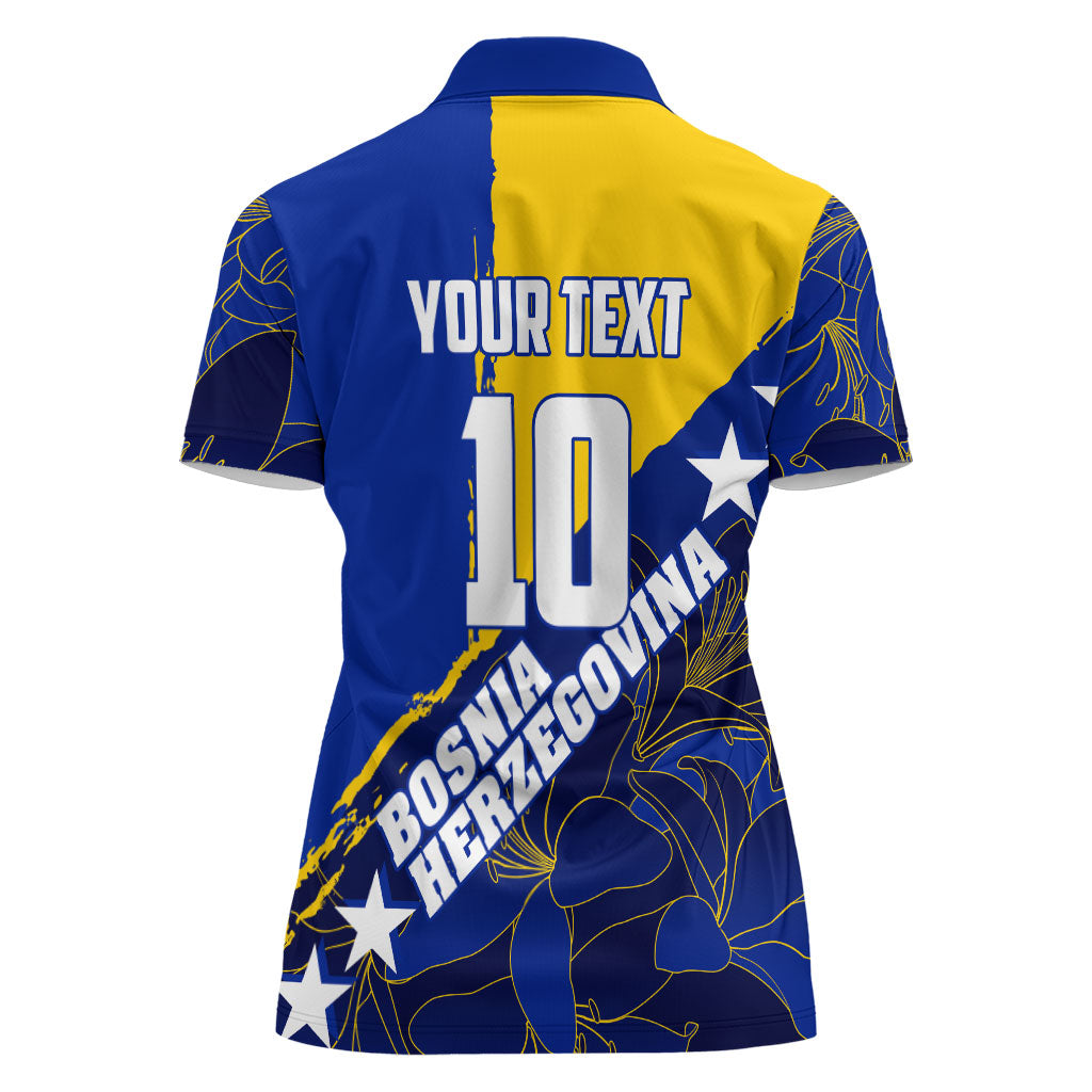 Personalized Bosnia And Herzegovina Football Dragon Mascot Women Polo Shirt Balkan Soccer Design With Floral Line Art