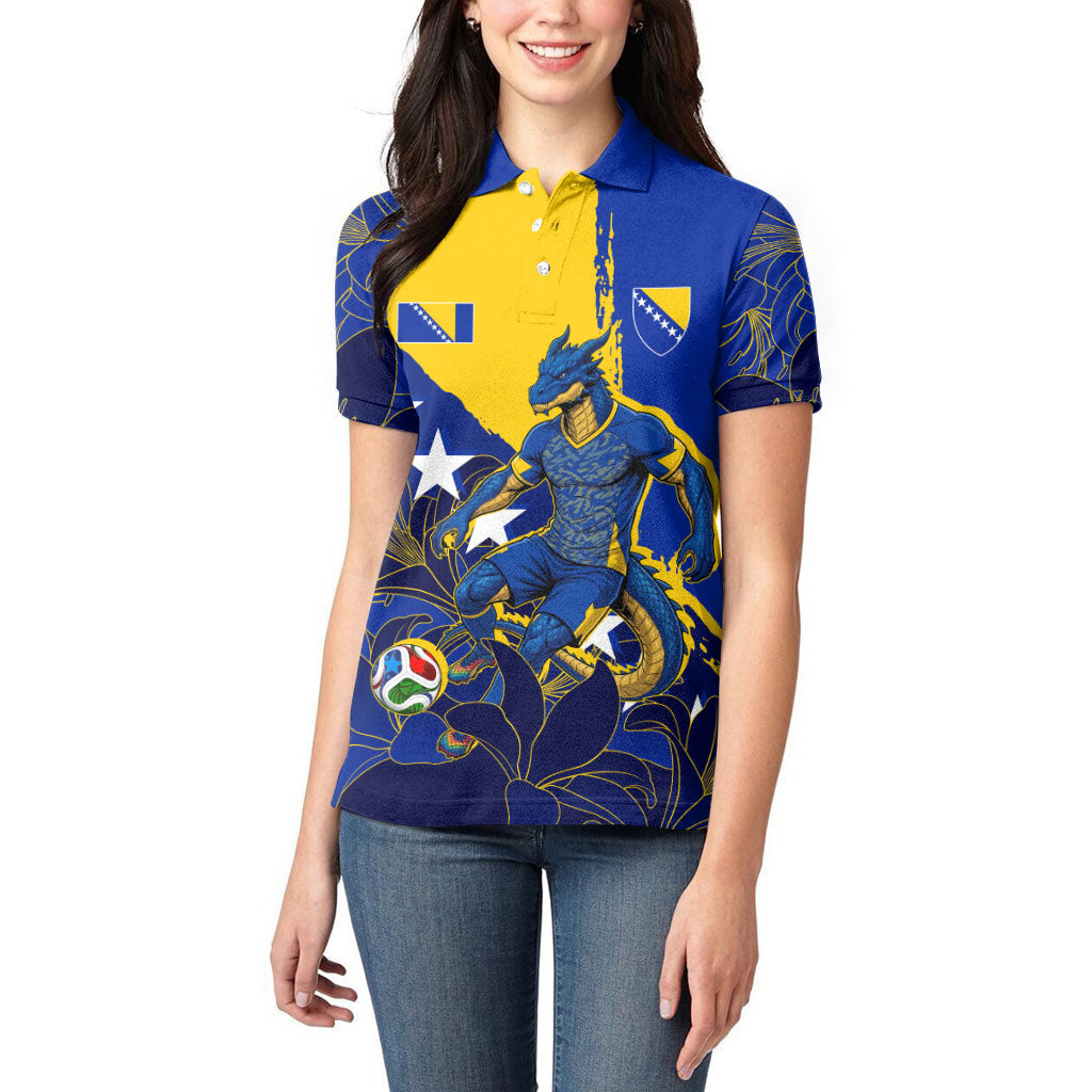 Personalized Bosnia And Herzegovina Football Dragon Mascot Women Polo Shirt Balkan Soccer Design With Floral Line Art
