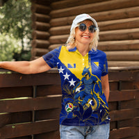 Personalized Bosnia And Herzegovina Football Dragon Mascot Women Polo Shirt Balkan Soccer Design With Floral Line Art