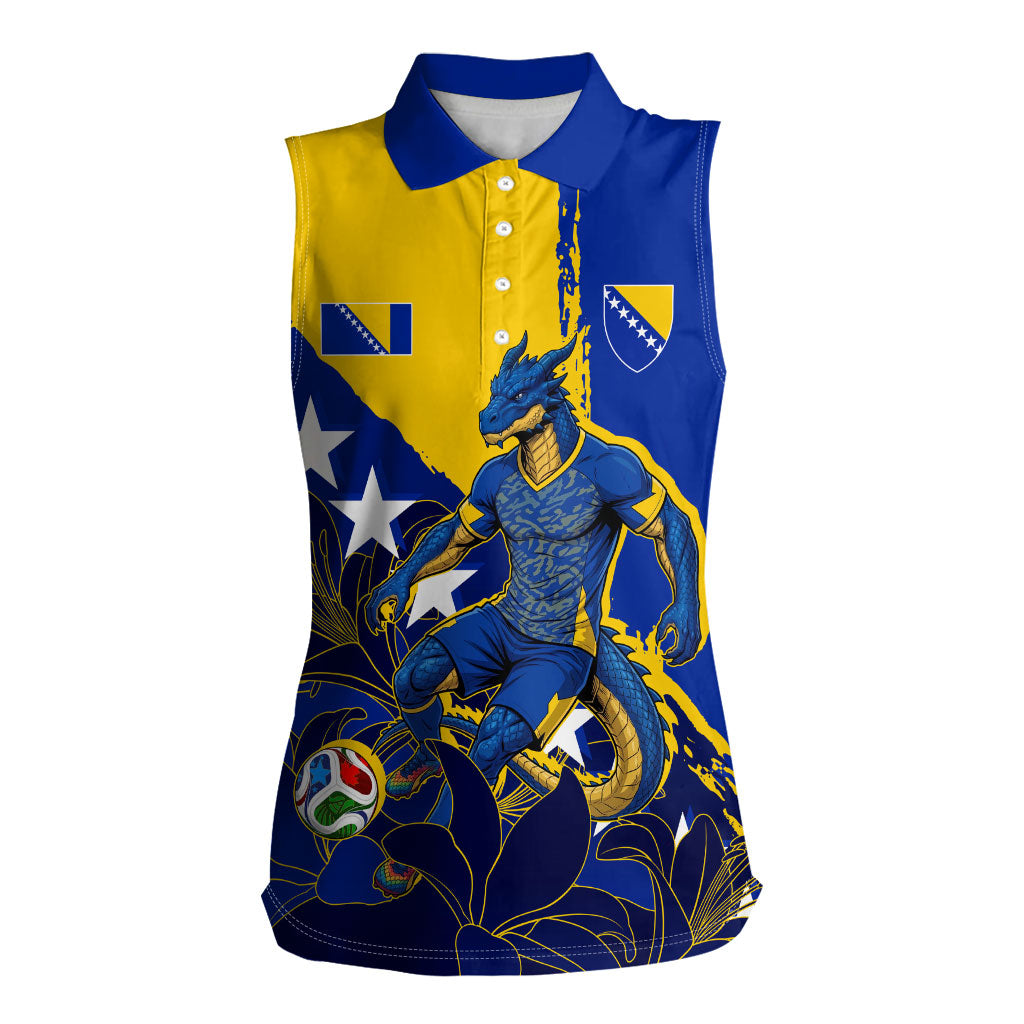 Personalized Bosnia And Herzegovina Football Dragon Mascot Women Sleeveless Polo Shirt Balkan Soccer Design With Floral Line Art
