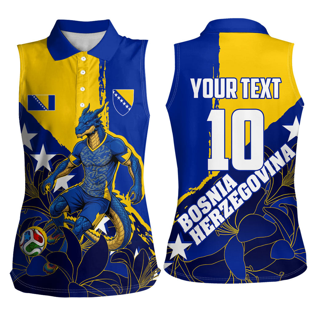 Personalized Bosnia And Herzegovina Football Dragon Mascot Women Sleeveless Polo Shirt Balkan Soccer Design With Floral Line Art