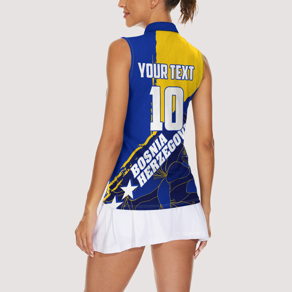 Personalized Bosnia And Herzegovina Football Dragon Mascot Women Sleeveless Polo Shirt Balkan Soccer Design With Floral Line Art