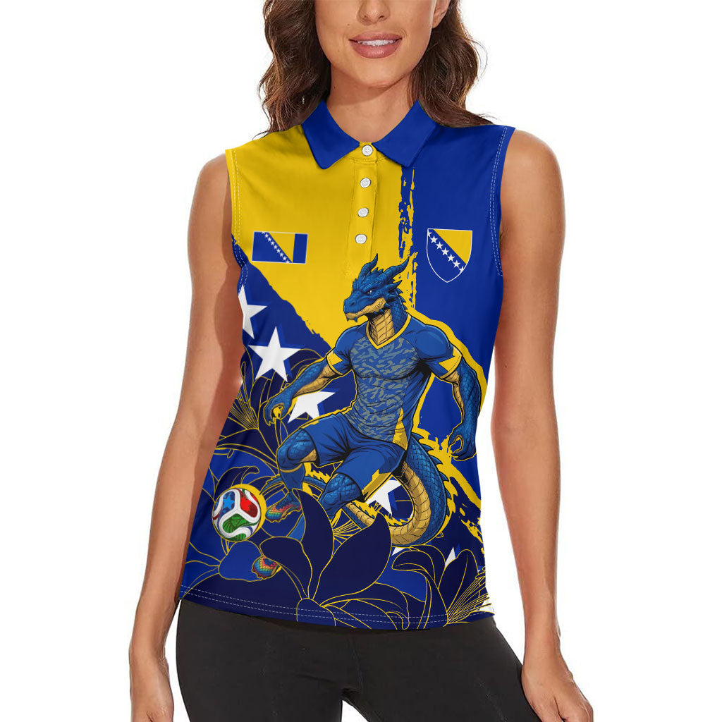Personalized Bosnia And Herzegovina Football Dragon Mascot Women Sleeveless Polo Shirt Balkan Soccer Design With Floral Line Art