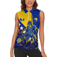 Personalized Bosnia And Herzegovina Football Dragon Mascot Women Sleeveless Polo Shirt Balkan Soccer Design With Floral Line Art
