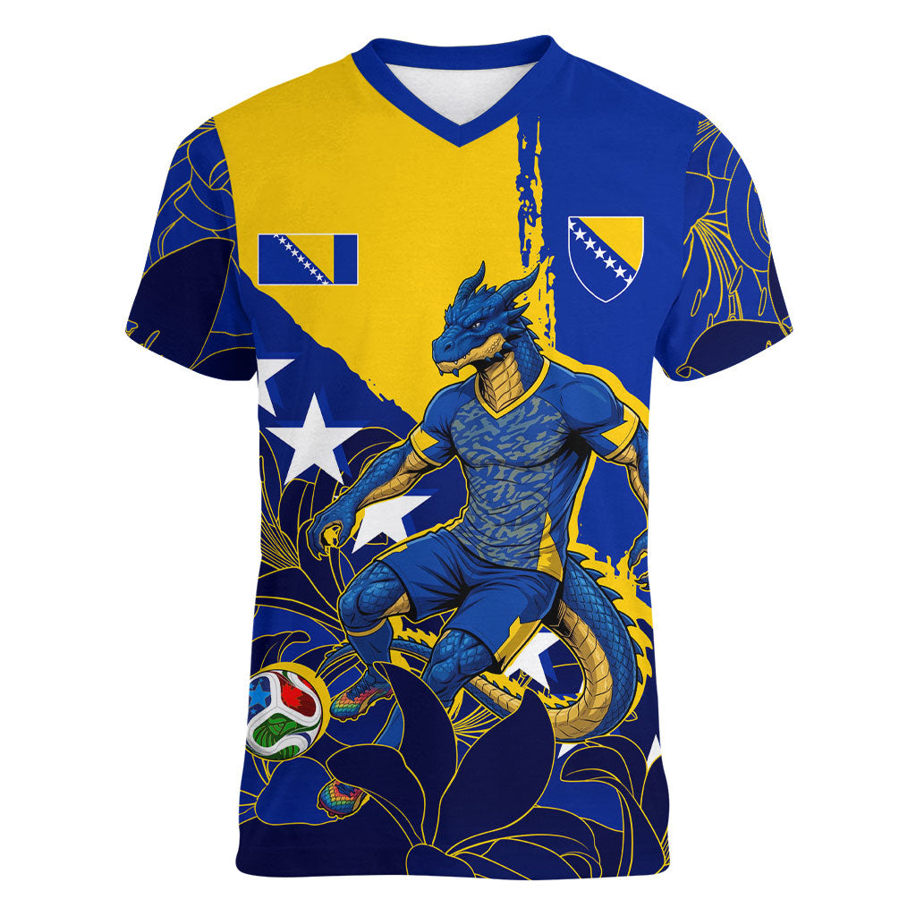 Personalized Bosnia And Herzegovina Football Dragon Mascot Women V-Neck T-Shirt Balkan Soccer Design With Floral Line Art