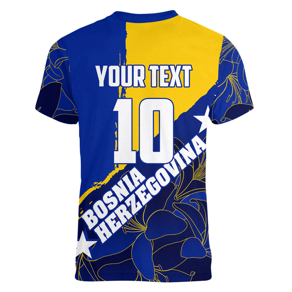 Personalized Bosnia And Herzegovina Football Dragon Mascot Women V-Neck T-Shirt Balkan Soccer Design With Floral Line Art