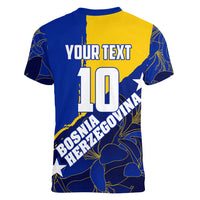 Personalized Bosnia And Herzegovina Football Dragon Mascot Women V-Neck T-Shirt Balkan Soccer Design With Floral Line Art
