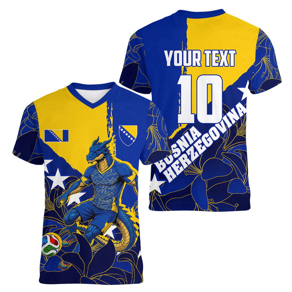 Personalized Bosnia And Herzegovina Football Dragon Mascot Women V-Neck T-Shirt Balkan Soccer Design With Floral Line Art