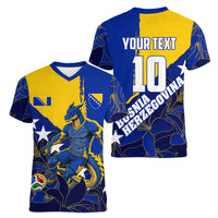 Personalized Bosnia And Herzegovina Football Dragon Mascot Women V-Neck T-Shirt Balkan Soccer Design With Floral Line Art