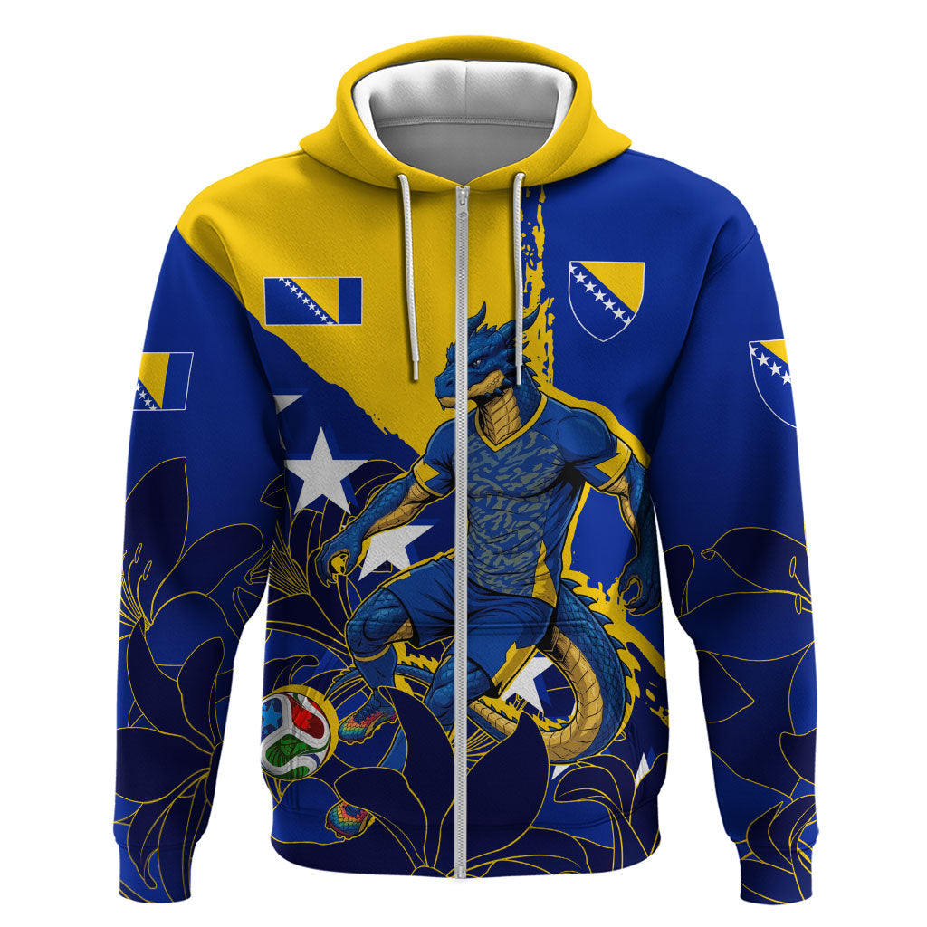Personalized Bosnia And Herzegovina Football Dragon Mascot Zip Hoodie Balkan Soccer Design With Floral Line Art