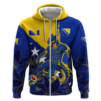 Personalized Bosnia And Herzegovina Football Dragon Mascot Zip Hoodie Balkan Soccer Design With Floral Line Art
