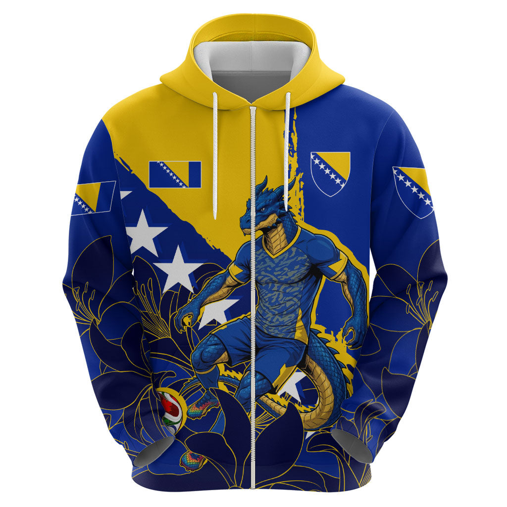Personalized Bosnia And Herzegovina Football Dragon Mascot Zip Hoodie Balkan Soccer Design With Floral Line Art
