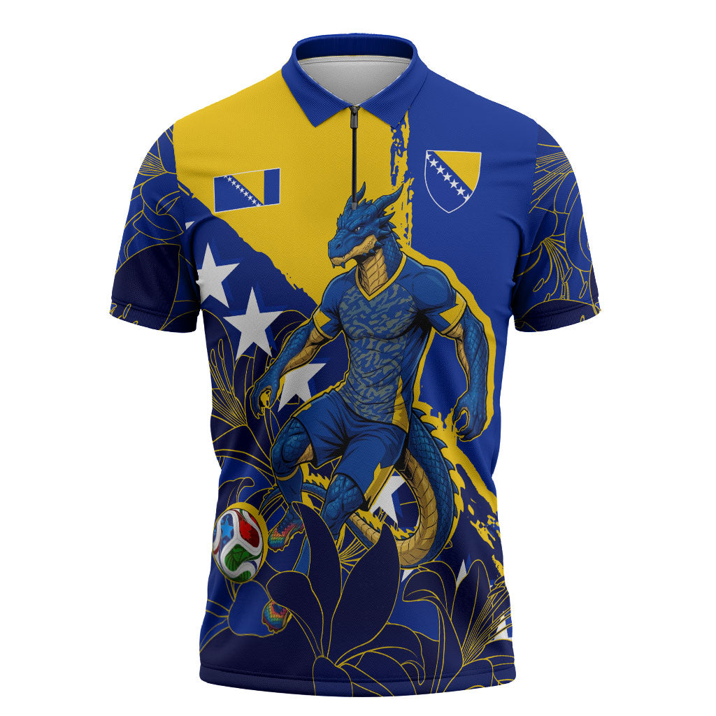 Personalized Bosnia And Herzegovina Football Dragon Mascot Zipper Polo Shirt Balkan Soccer Design With Floral Line Art