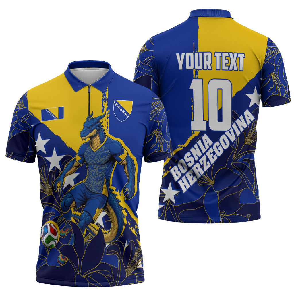 Personalized Bosnia And Herzegovina Football Dragon Mascot Zipper Polo Shirt Balkan Soccer Design With Floral Line Art