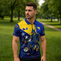 Personalized Bosnia And Herzegovina Football Dragon Mascot Zipper Polo Shirt Balkan Soccer Design With Floral Line Art