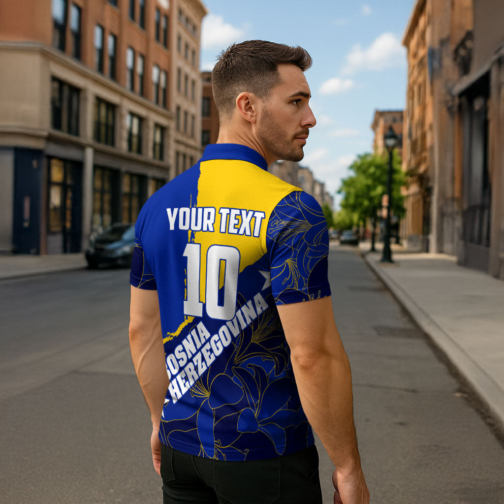 Personalized Bosnia And Herzegovina Football Dragon Mascot Zipper Polo Shirt Balkan Soccer Design With Floral Line Art