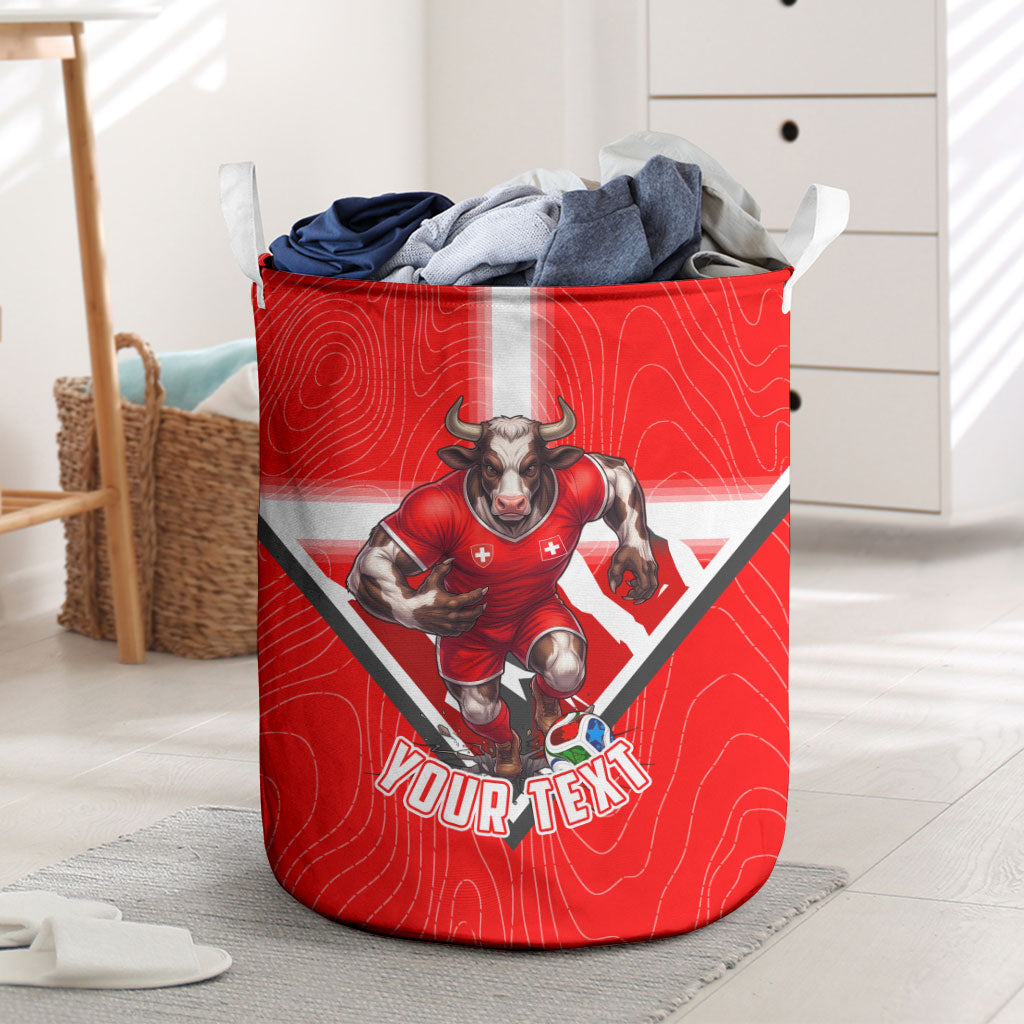 Personalized Switzerland Football Bull Mascot Laundry Basket Swiss Flag And Alps Mountain Background With Muscular Bull Art