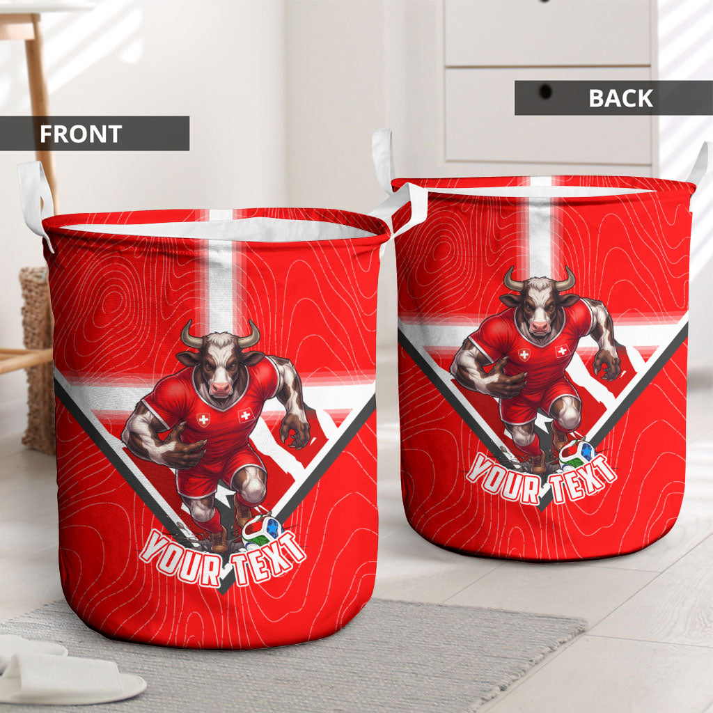 Personalized Switzerland Football Bull Mascot Laundry Basket Swiss Flag And Alps Mountain Background With Muscular Bull Art