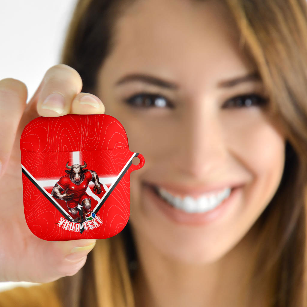 Personalized Switzerland Football Bull Mascot AirPods Case Swiss Flag And Alps Mountain Background With Muscular Bull Art