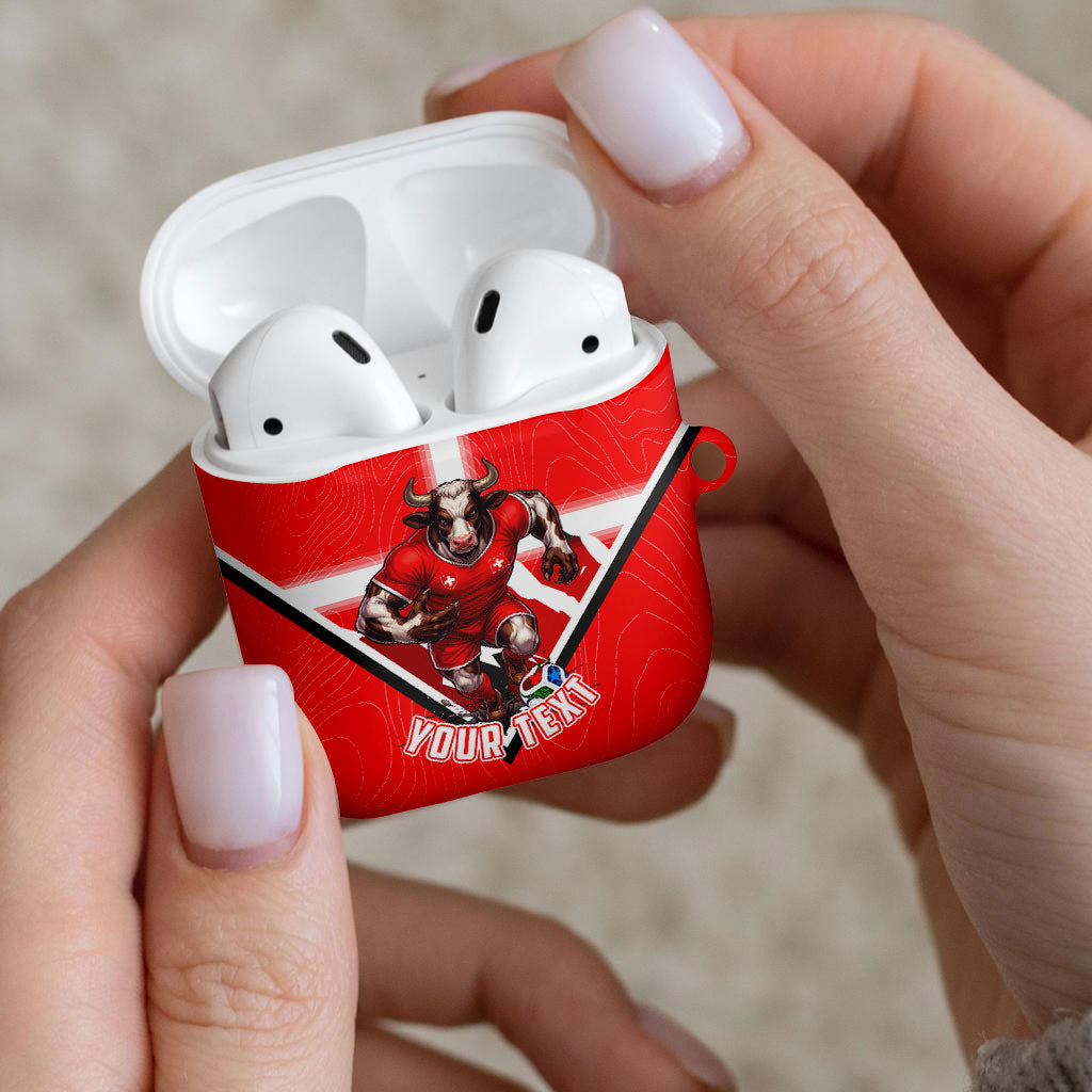 Personalized Switzerland Football Bull Mascot AirPods Case Swiss Flag And Alps Mountain Background With Muscular Bull Art