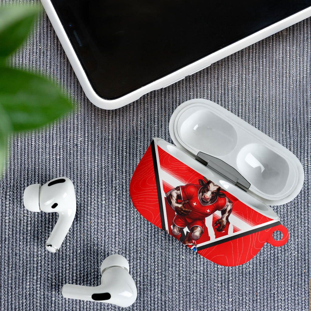 Personalized Switzerland Football Bull Mascot AirPods Case Swiss Flag And Alps Mountain Background With Muscular Bull Art
