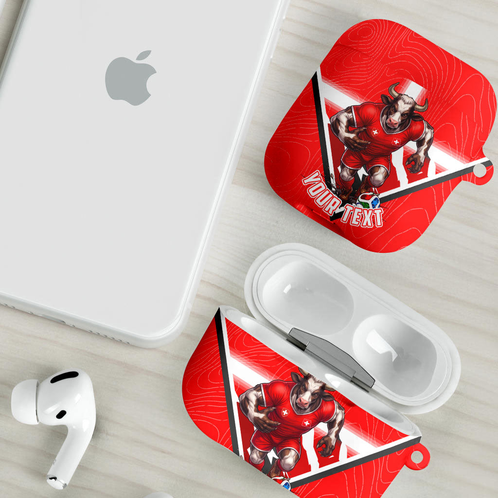 Personalized Switzerland Football Bull Mascot AirPods Case Swiss Flag And Alps Mountain Background With Muscular Bull Art
