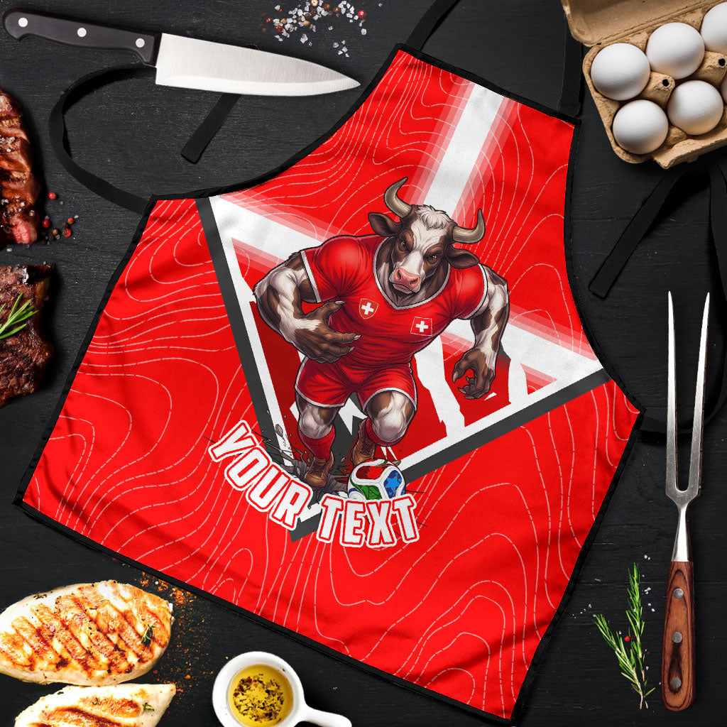Personalized Switzerland Football Bull Mascot Apron Swiss Flag And Alps Mountain Background With Muscular Bull Art