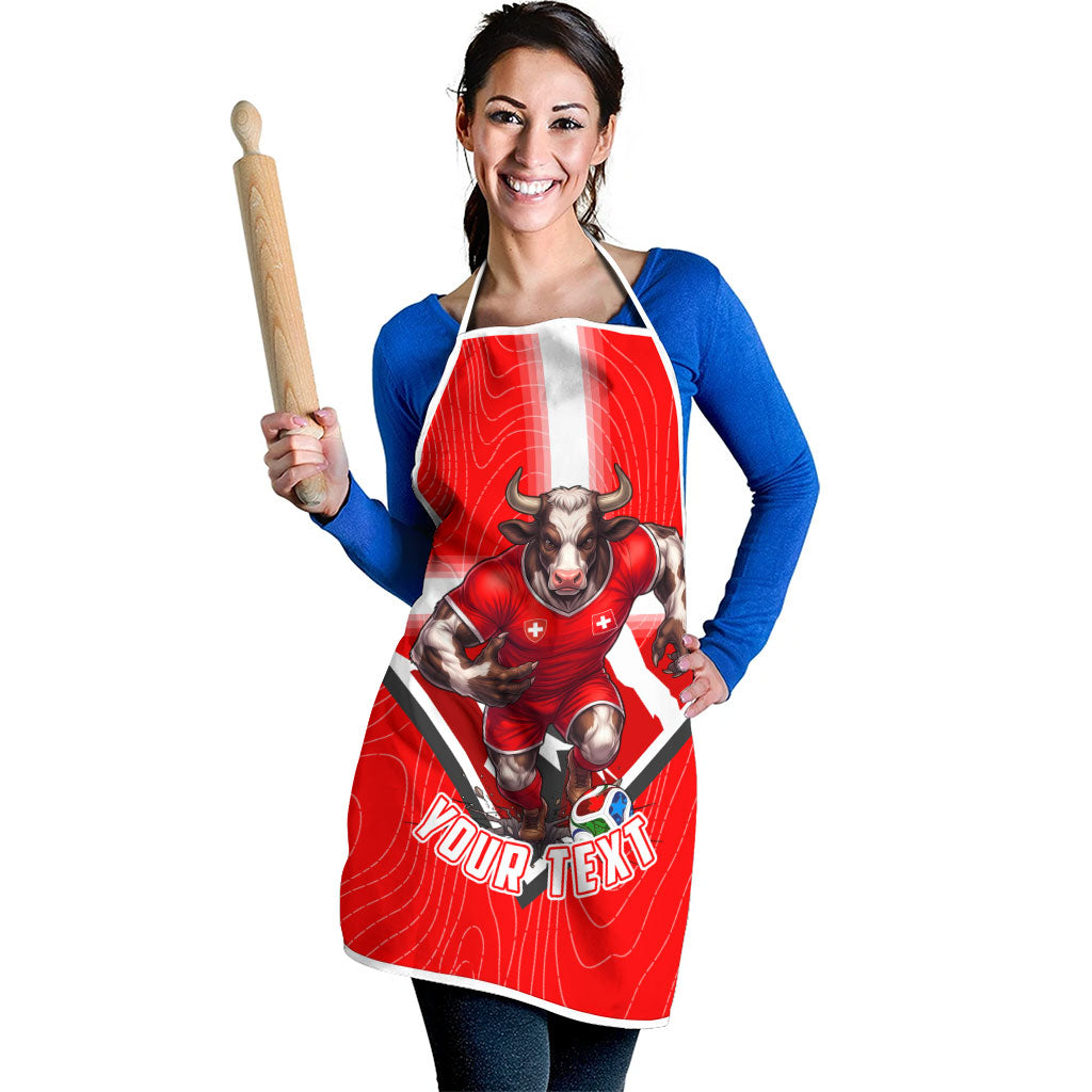 Personalized Switzerland Football Bull Mascot Apron Swiss Flag And Alps Mountain Background With Muscular Bull Art