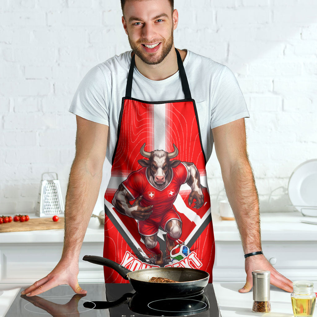 Personalized Switzerland Football Bull Mascot Apron Swiss Flag And Alps Mountain Background With Muscular Bull Art