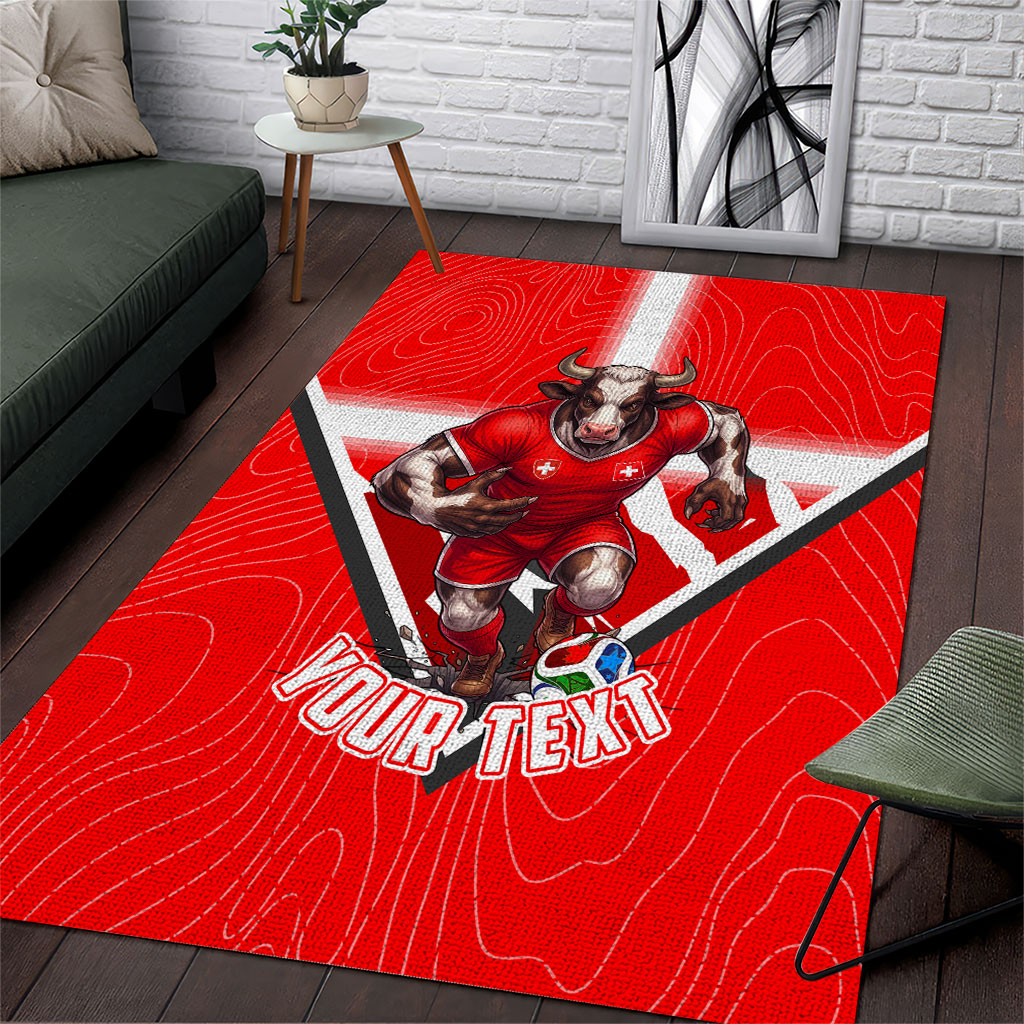 Personalized Switzerland Football Bull Mascot Area Rug Swiss Flag And Alps Mountain Background With Muscular Bull Art