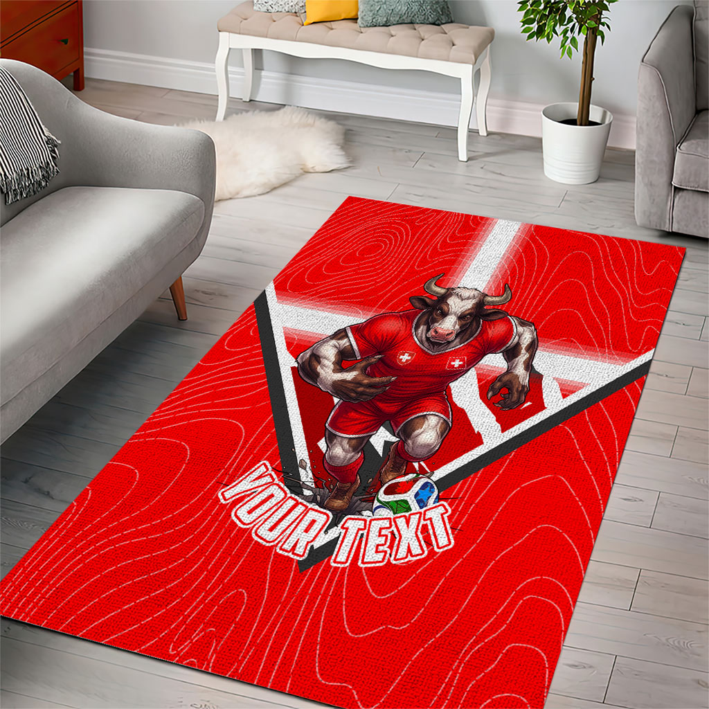 Personalized Switzerland Football Bull Mascot Area Rug Swiss Flag And Alps Mountain Background With Muscular Bull Art