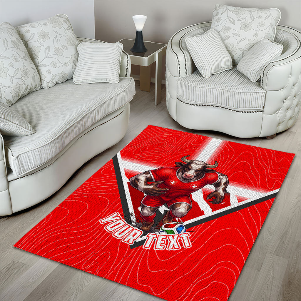 Personalized Switzerland Football Bull Mascot Area Rug Swiss Flag And Alps Mountain Background With Muscular Bull Art