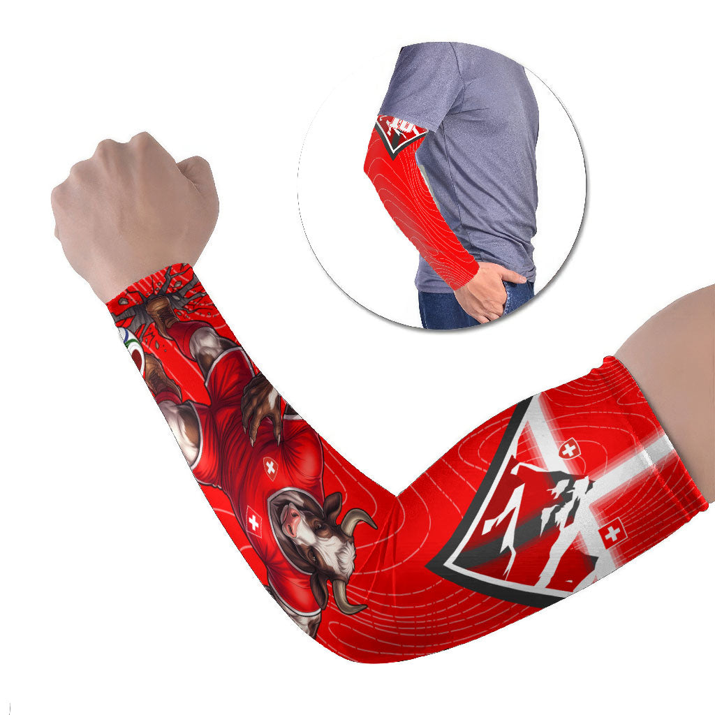 Personalized Switzerland Football Bull Mascot Arm Sleeves Swiss Flag And Alps Mountain Background With Muscular Bull Art