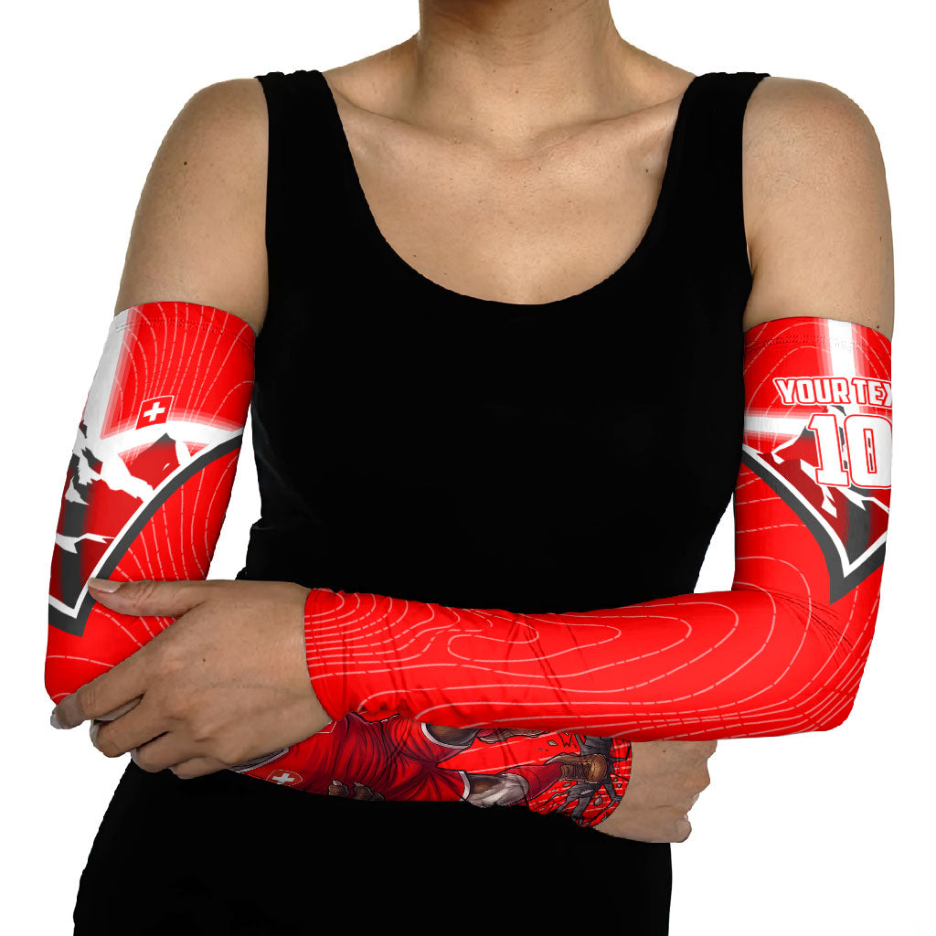 Personalized Switzerland Football Bull Mascot Arm Sleeves Swiss Flag And Alps Mountain Background With Muscular Bull Art