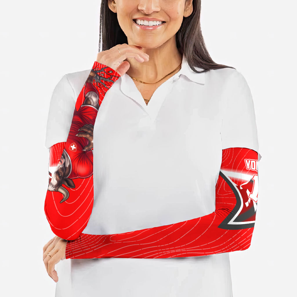 Personalized Switzerland Football Bull Mascot Arm Sleeves Swiss Flag And Alps Mountain Background With Muscular Bull Art