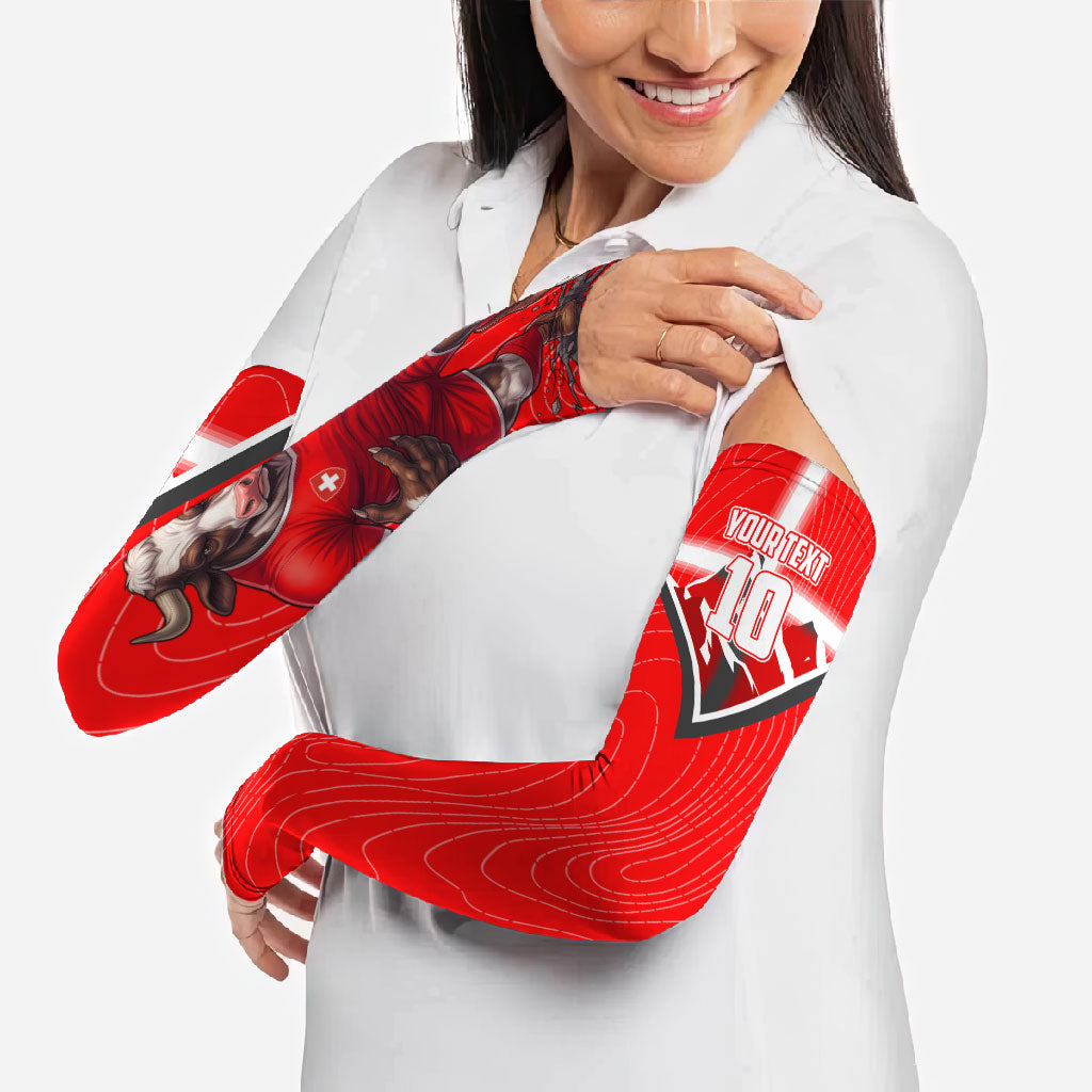 Personalized Switzerland Football Bull Mascot Arm Sleeves Swiss Flag And Alps Mountain Background With Muscular Bull Art