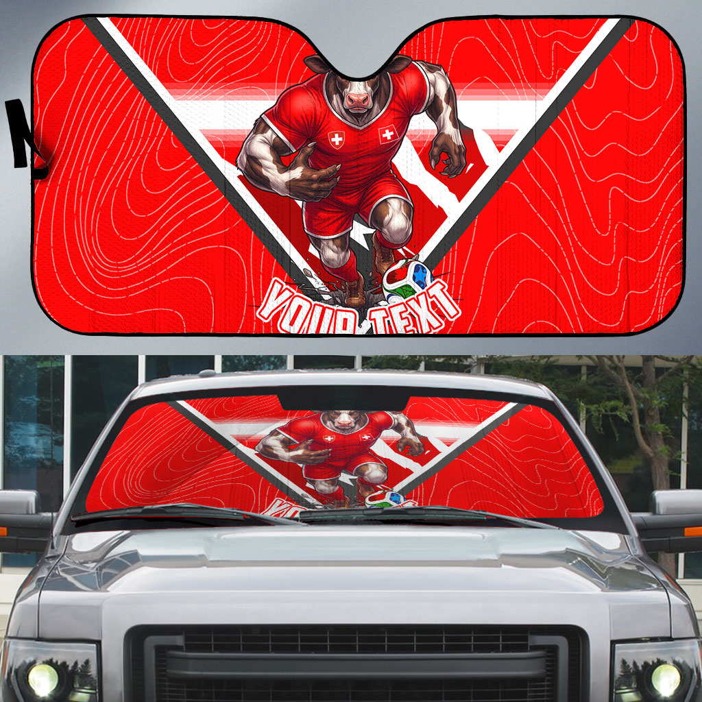 Personalized Switzerland Football Bull Mascot Auto Sun Shade Swiss Flag And Alps Mountain Background With Muscular Bull Art