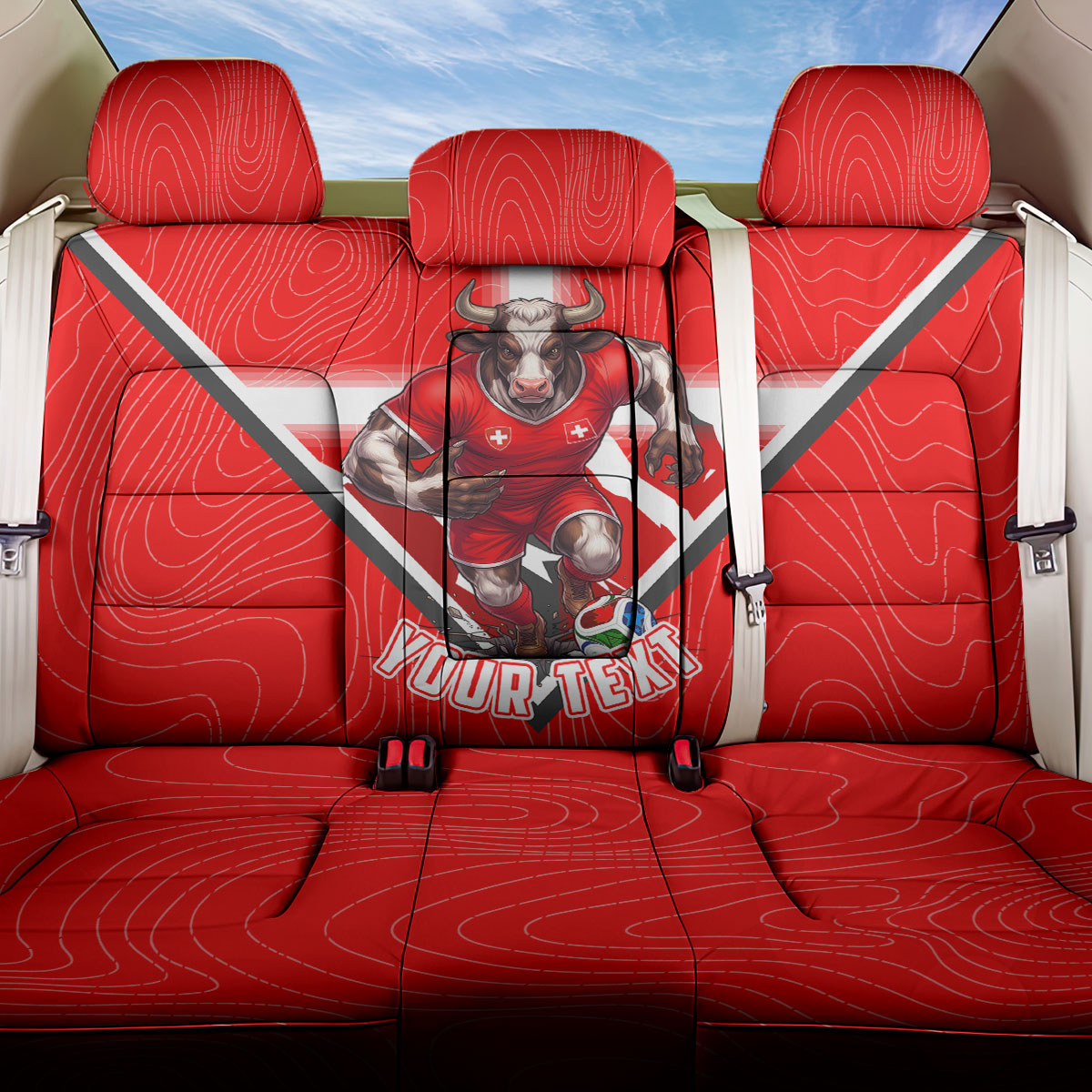 Personalized Switzerland Football Bull Mascot Back Car Seat Cover Swiss Flag And Alps Mountain Background With Muscular Bull Art