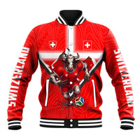 Personalized Switzerland Football Bull Mascot Baseball Jacket Swiss Flag And Alps Mountain Background With Muscular Bull Art