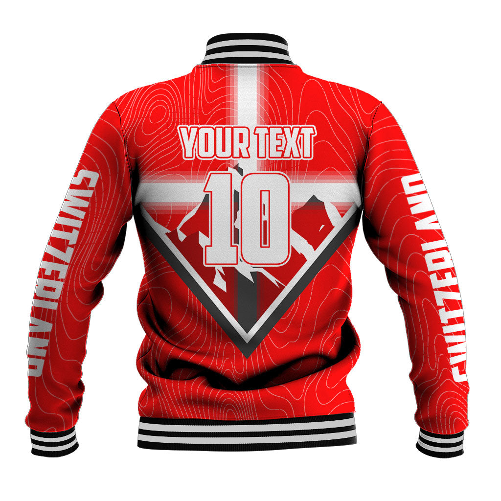 Personalized Switzerland Football Bull Mascot Baseball Jacket Swiss Flag And Alps Mountain Background With Muscular Bull Art